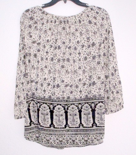 Lucky Brand Women's M Black White Peasant Floral Top Flowy Romantic Popover - Picture 3 of 6