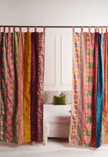 2 Pcs Indian Sari Patchwork Curtain Drape Window Decor Multi Silk Sari Curtain