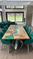 Green Epoxy Resin Dining Table Top Live Edge Wood Center Hallway Furniture Decor
