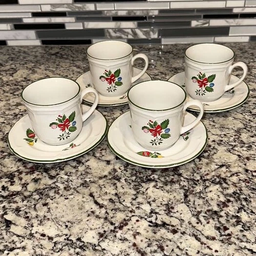 Set of 4 “Tradition” Christmas Cups and Saucers • Vtg. International China Co