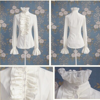 Damen Lolita Hemd Bluse Rüschen Stehkragen Flare Slim Top Gothic Viktorianisch