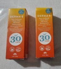 Derma-E Sun Defense Clear Zinc Oil Free Sunscreen SPF 30 Face 2 Oz lot of 2 New