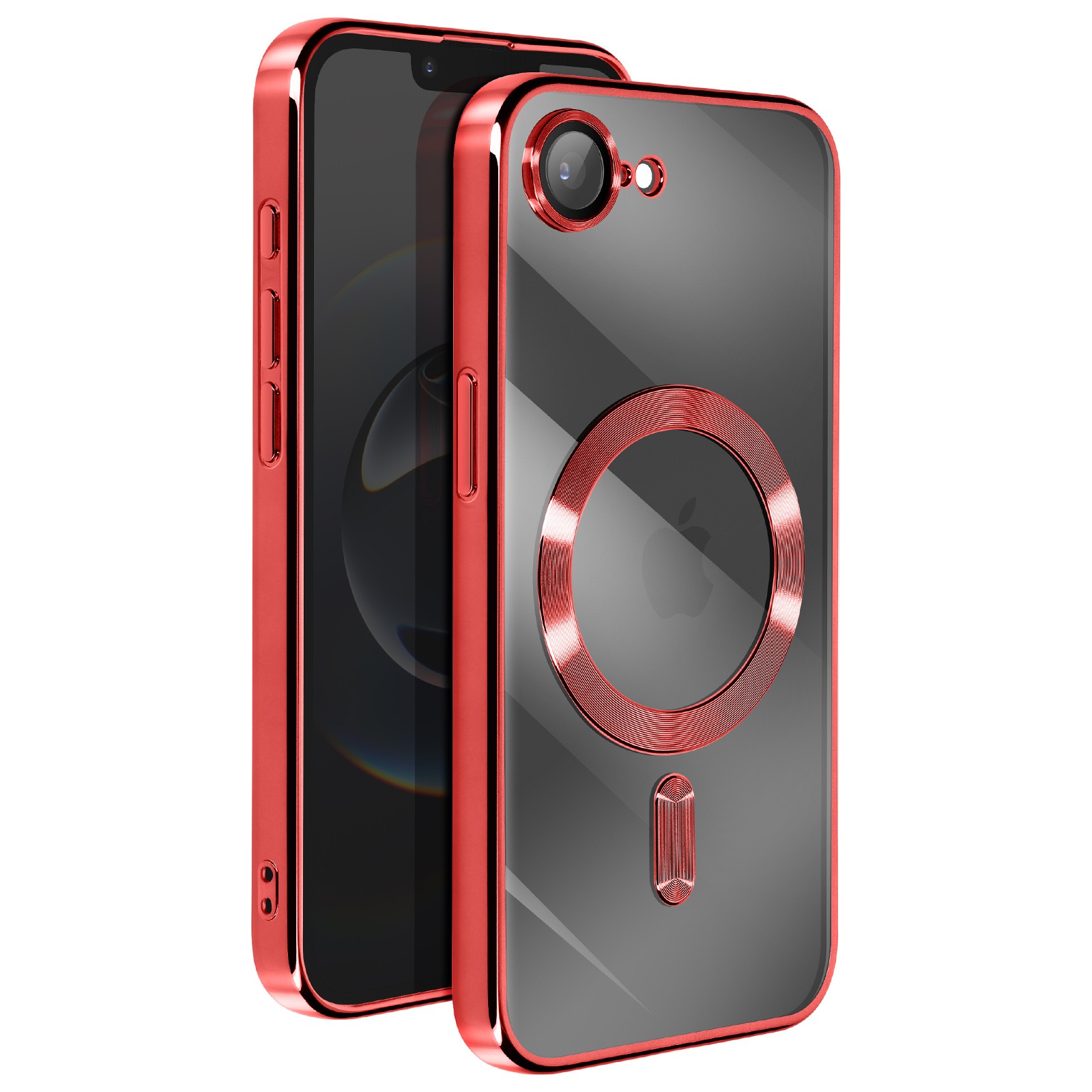 Coque iPhone 17e antichoc avec contour chrome brillant et silicone rouge