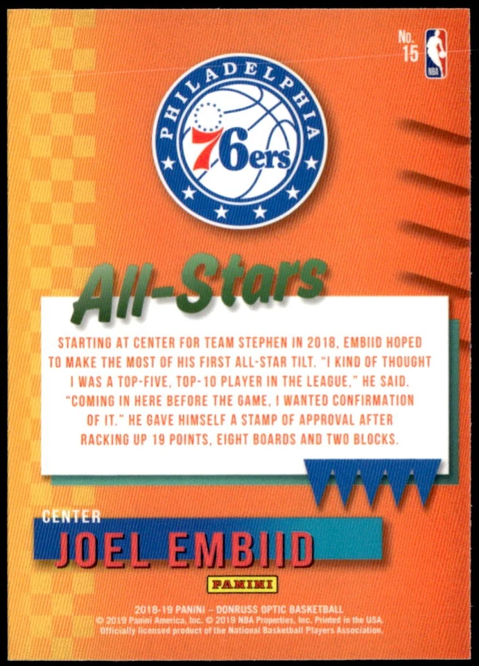 2018-19 Donruss Optic #15 Joel Embiid All-Stars E1 - Image 2 of 2