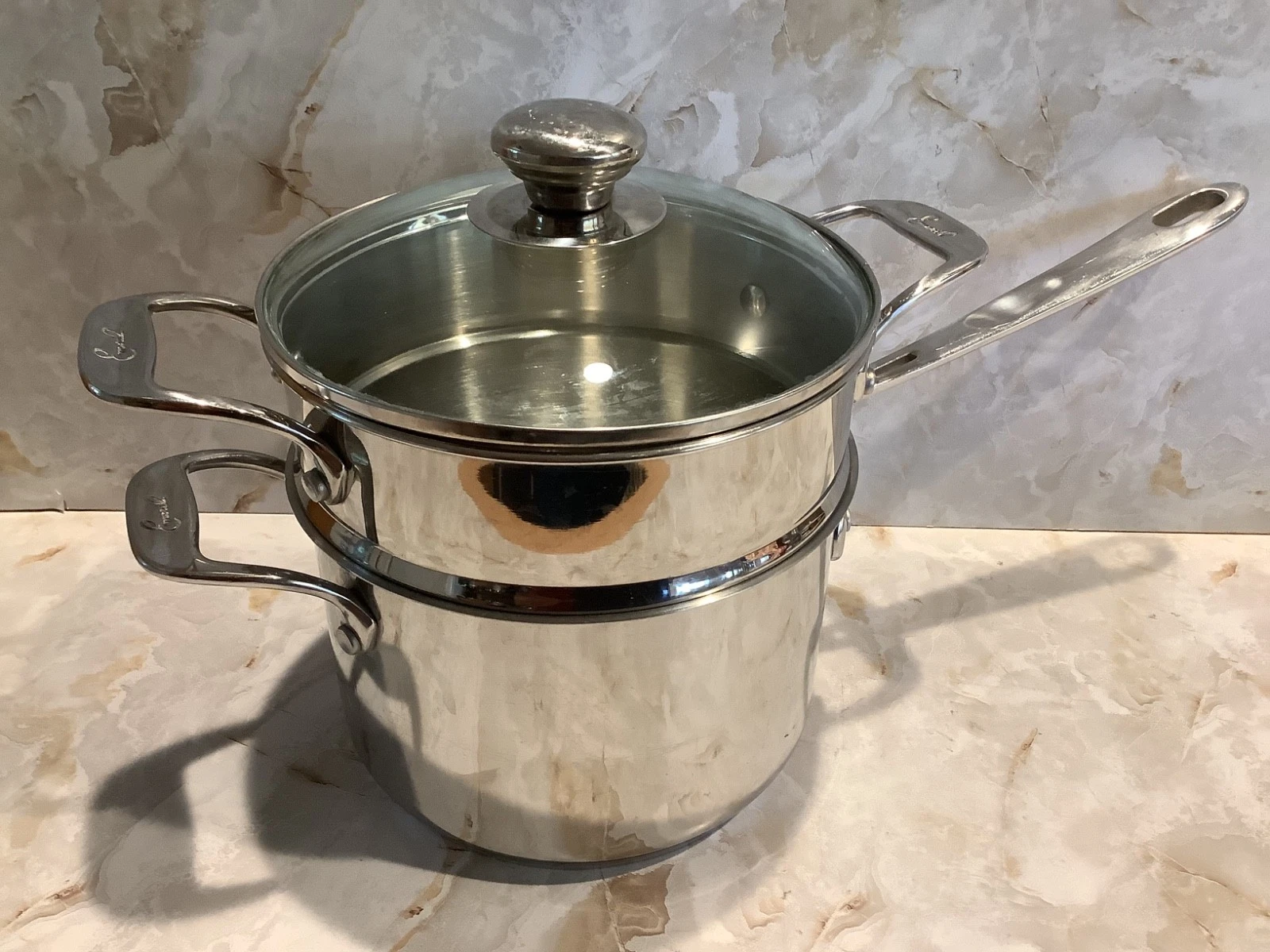 Emeril ALL-CLAD 3-Qt Stainless Sauce Pot Copper Core + Steamer Insert & Lid