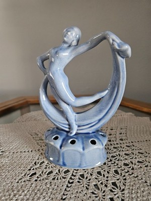 Antique Vtg Blue Nude Dancing Figure with Scarf Flower Frog Art Nouveau Pottery
