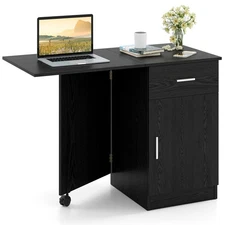 Folding Computer Desk w/Drawer Cabinet & Adjustable Shelf Wheel for Living Room