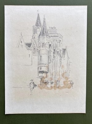 Antike Bleistiftzeichnung Gotische Kathedrale mit Figuren 1820-1870 Frankreich Belgien