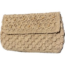 Vtg 70s Boho Woven Straw Clutch Bag Japan Tan Raffia Wood Bead Envelope Purse