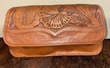 Vintage Hand Tooled Leather Handbag Brown Floral With Flip Phone Case