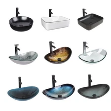 Bathroom Vessel Sink Tempered Glass Basin Bowl Faucet Combo Pop Up Drain Set US