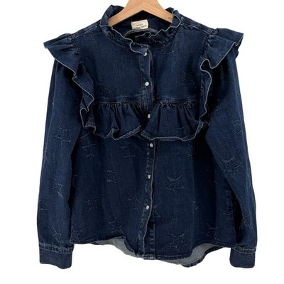 Maison Stella & Suzie Blue Carmen Western Star Ruffle Pearl Snap Blouse Top