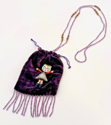 Vintage Purple Velvet Pouch w/Porcelain Cat Accent Beaded Medicine Bag