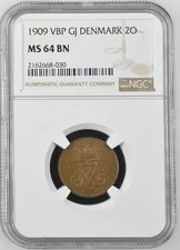 1909 VBP GJ DENMARK 2 ORE NGC MS 64 BN Certified Coin