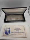 1998 $100 Franklin Silver Proof Bar – 4 Troy Oz .999 Fine Silver – Washington...