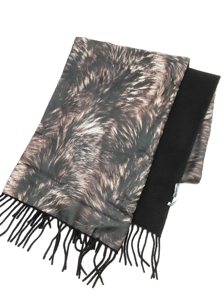 Alexander Mcqueen Brown Black Fur Printed Silk Black Wool Scarf Do1025lxzde - Image 2 of 4