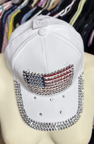 Bling silver rhinestone sparkle studded hat White USA Flag Patch baseball cap - Picture 4 of 6