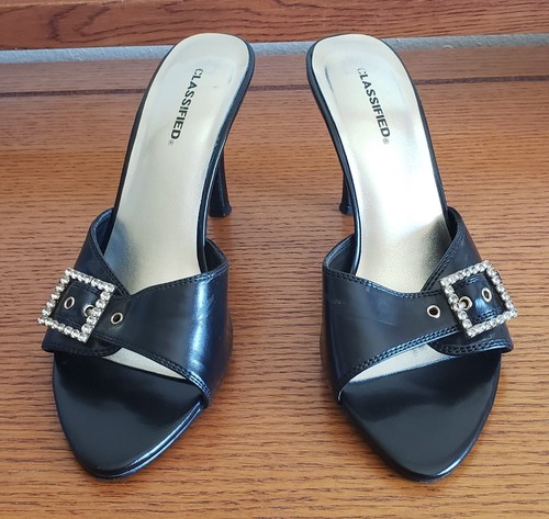Classified Black Women's Slip On Heels with Rhinestone buckle Size 7.5 cute - Picture 2 of 8