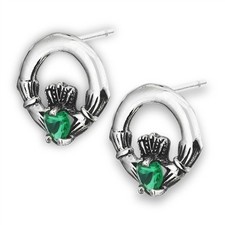 .925 Sterling silver Irish Claddagh Post Earrings w/ Green crystals Celtic