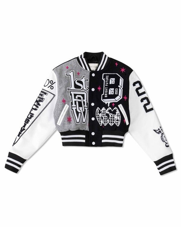 Giacca donna prima fila Bright Future Varsity cropped nera media nuova con etichetta