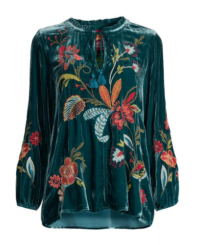 Brandneu mit Etikett Johnny Was Isabella bestickte Samt Feldbluse Boho tief türkis XL 295 - Bild 2 von 8