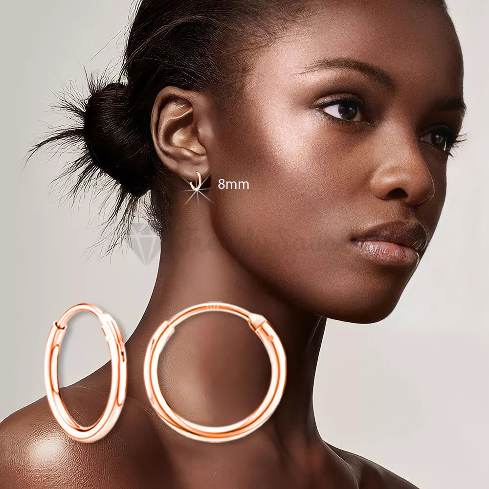 8mm Real 925 Sterling Silver Rose Gold Women Men 1.2mm Thin Hoop Earrings