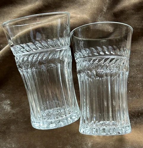 Anchor Hocking ~ Set of 2 Vintage Laurel Clear Pressed Glass Flat Tumblers ~ EUC