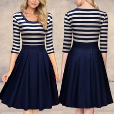 Women's O-Neck 3/4 Long Sleeve Vintage Striped Pleated Casual Swing Modest Dress