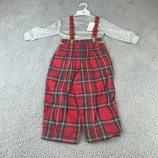 VINTAGE Boys Red Plaid Outfit Suspenders Sweater and Suspenders 18M NEW