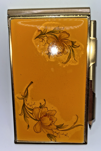 Vintage Brass Pocket Spring Flip Note Pad with Pencil Paper Yellow Flower - Picture 2 of 12