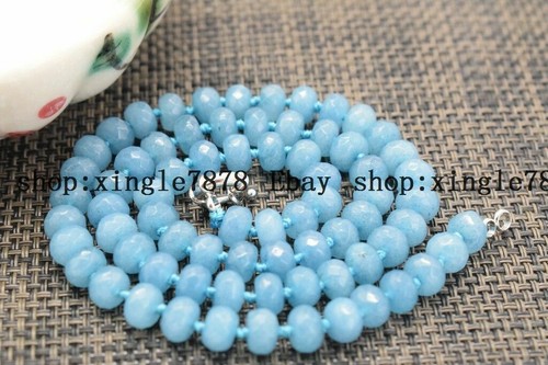 Natürliche 5x8 mm Blau Aquamarin Facettiert Rondelle Edelstein Perlen Halskette 20 Zoll AAA