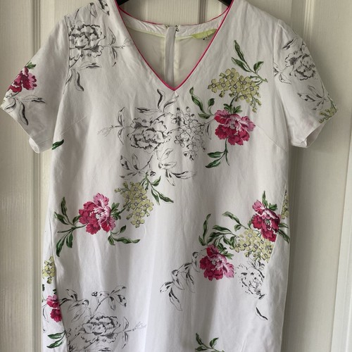 Joules Cream Dress UK 12 Pink Floral Shift Linen Blend Relaxed Knee Length - Picture 2 of 16