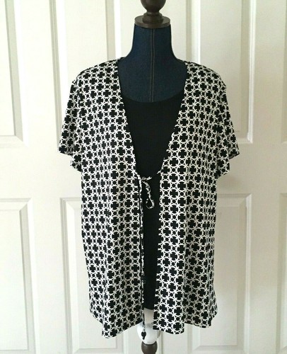notations womens black and white layered top size 3X short sleeve tie front new - Picture 6 of 12
