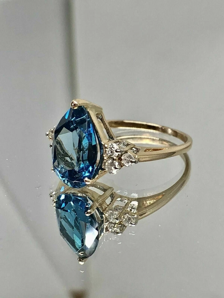 3Ct Pear Cut Created Blue Topaz Solitaire Engagement Ring 14K Yellow Gold Plated - Image 2 of 4