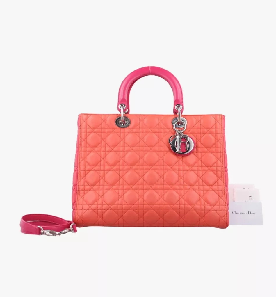 Sac fourre tout bandoulière Christian Dior Rady Dior 2 voies peau d'agneau orange rouge