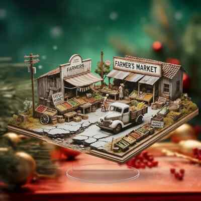 Vintage Farmhouse Market Scene Acrylic Table Decoration Rustic 2D Display~NEW