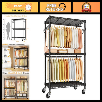 Portable Rolling Clothes Rack with Wheels, Heavy-Duty Wardrobe Closet, 500lbs Ca