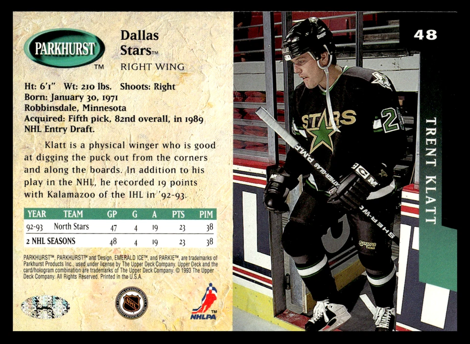 1993-94 Parkhurst Trent Klatt #48 Dallas Stars NHL Hockey Base Set - Image 2 of 2