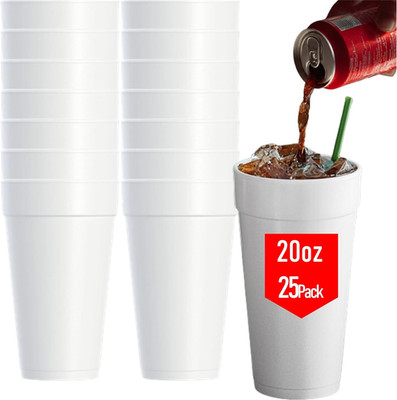 Mr Miracle 20 Oz Styrofoam Cups, Disposable Foam Cups (25 Pack), Insulated White