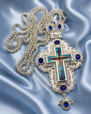 Orthodox Catholic Bishop Large Pectoral Cross Crucifix with Chain, Silver Plated