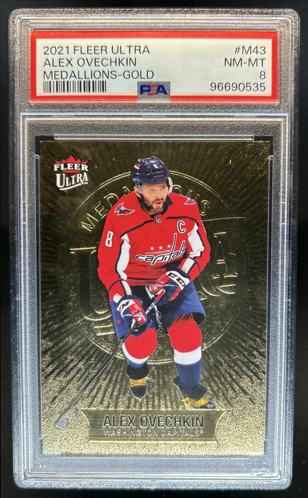 2021 Upper Deck Fleer Ultra Alex Ovechkin Medallions Gold #/200 Capitals PSA 8 view 1