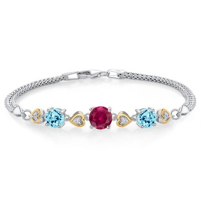 925 Sterling Silver and 10k Yellow Gold Created Ruby Blue Apatite and White Lab