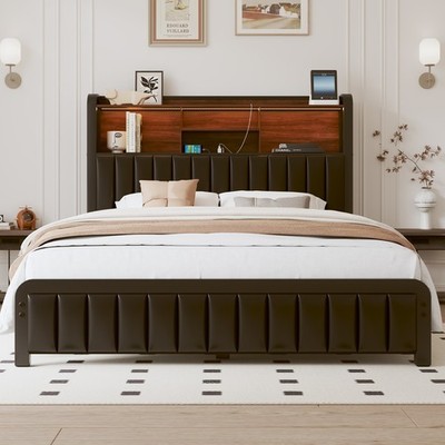 E-Motie Full Size LED Bed Frame with Storage Headboard and Charging Station
