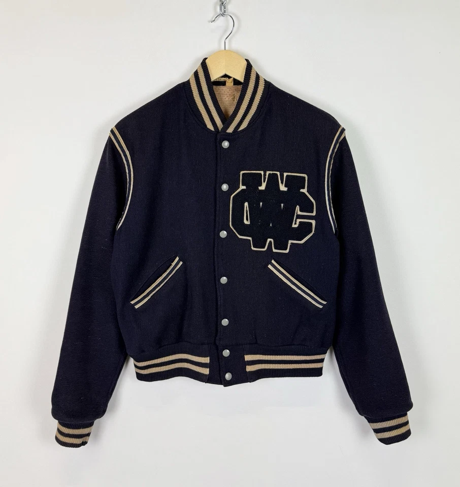 Chaqueta de bombardero vintage de los años 50 Lowe & Campbell Generals College University azul para hombre Foto 2 de 4