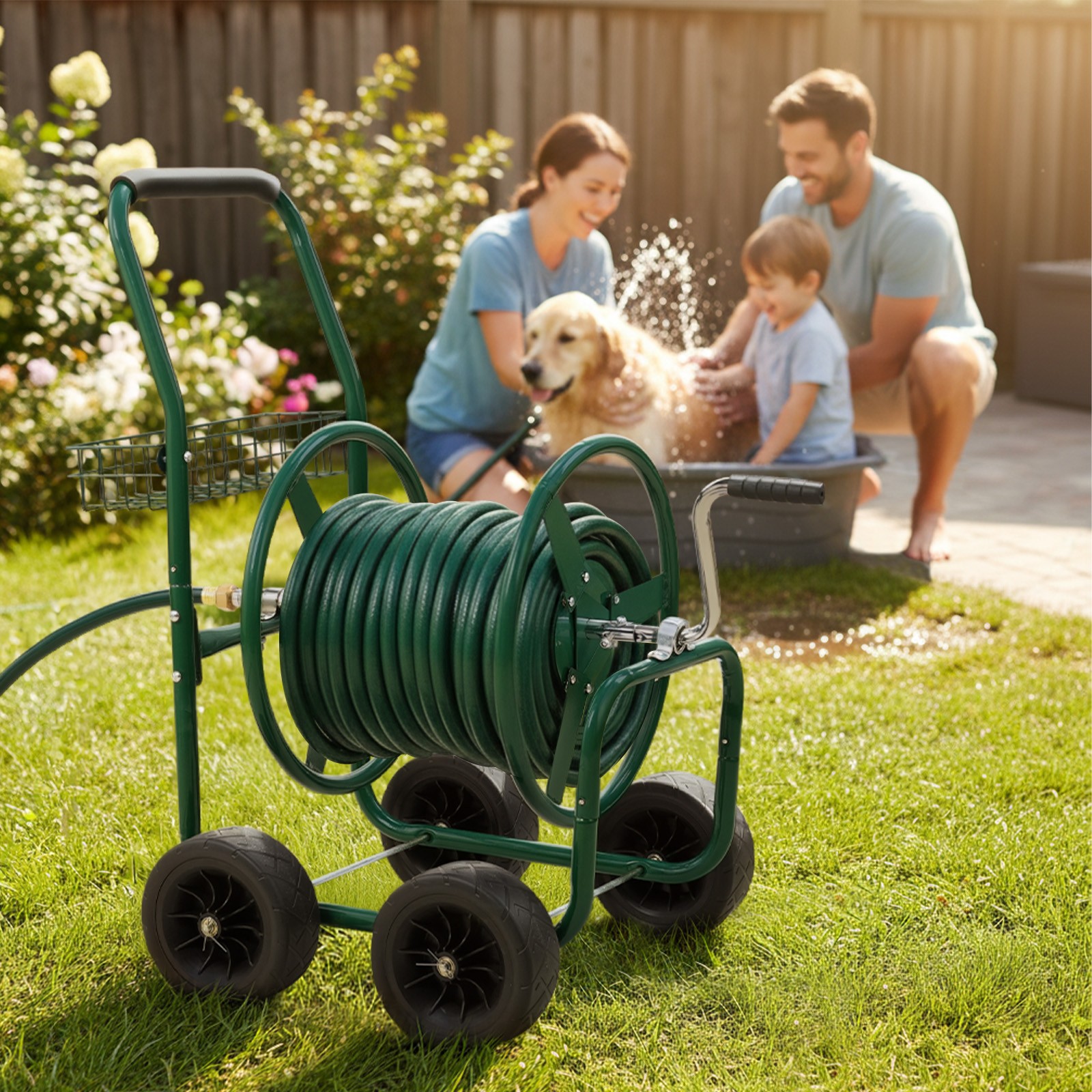 New Hose Reel Cart, Hold Up to 250 ft Hose,with Storage Basket Green