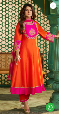 Indisches Damen Ethno Rosa Orange Kontrast Passe Bestickt Anarkali Set Party