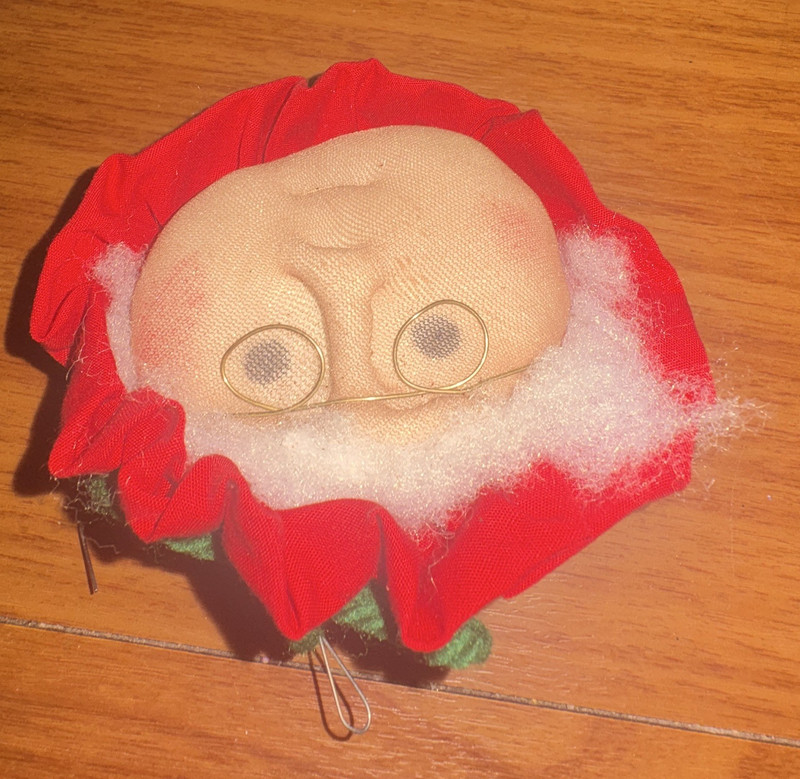 Christmas Holiday Round Face Ornament Red Fabric Green Trim Metal Hanger