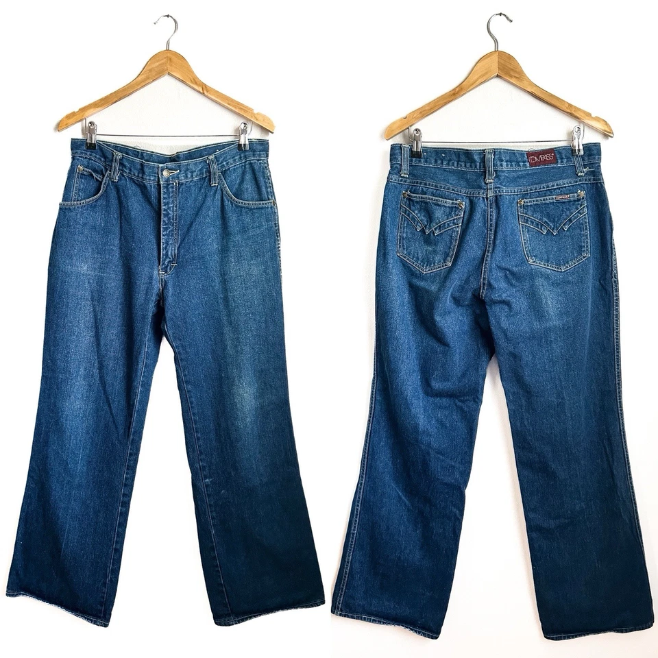 "Jeans de colección Compass JC Penney tiro alto acampanados años 70/80 100 % algodón denim 34"" X 30""" Foto 3 de 4