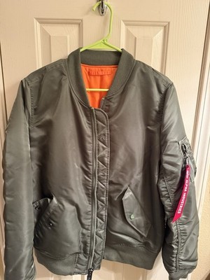 Alpha Industries MA-1 Green Bomber Flight Jacket Orange Lining Full Zip L