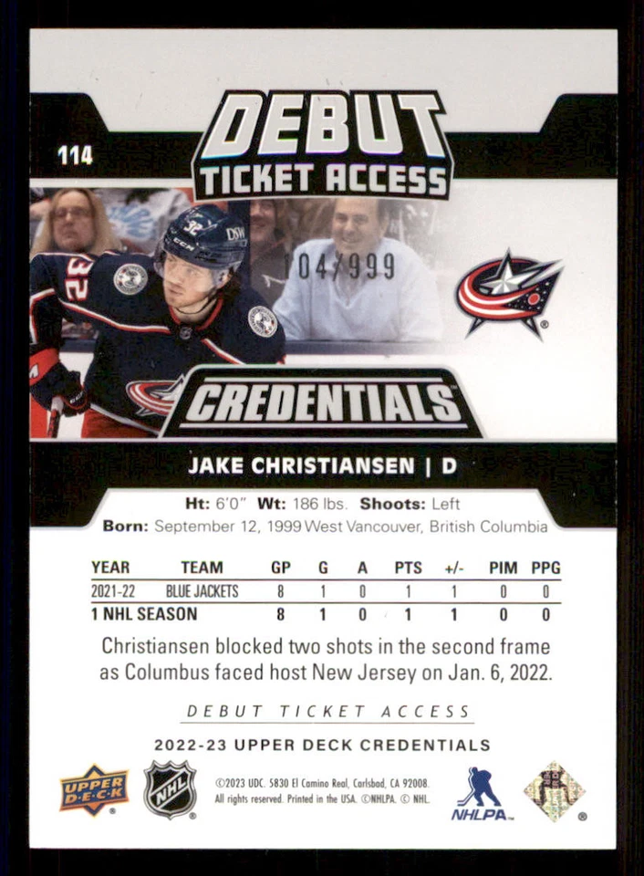 2022-23 Upper Deck Credentials #114 Jake Christiansen RC /999 - Image 2 of 2